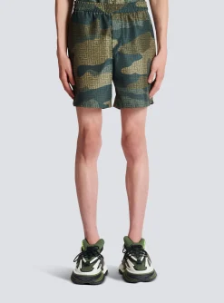 Balmain Camouflage Monogrammed Shantung Shorts