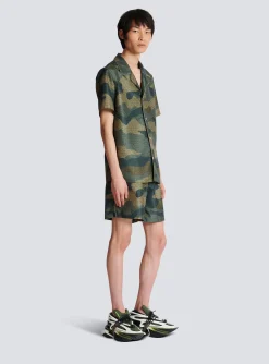 Balmain Camouflage Monogrammed Shantung Short-sleeved Shirt
