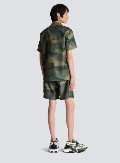 Balmain Camouflage Monogrammed Shantung Short-sleeved Shirt