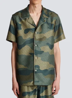 Balmain Camouflage Monogrammed Shantung Short-sleeved Shirt