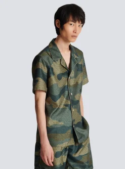 Balmain Camouflage Monogrammed Shantung Short-sleeved Shirt