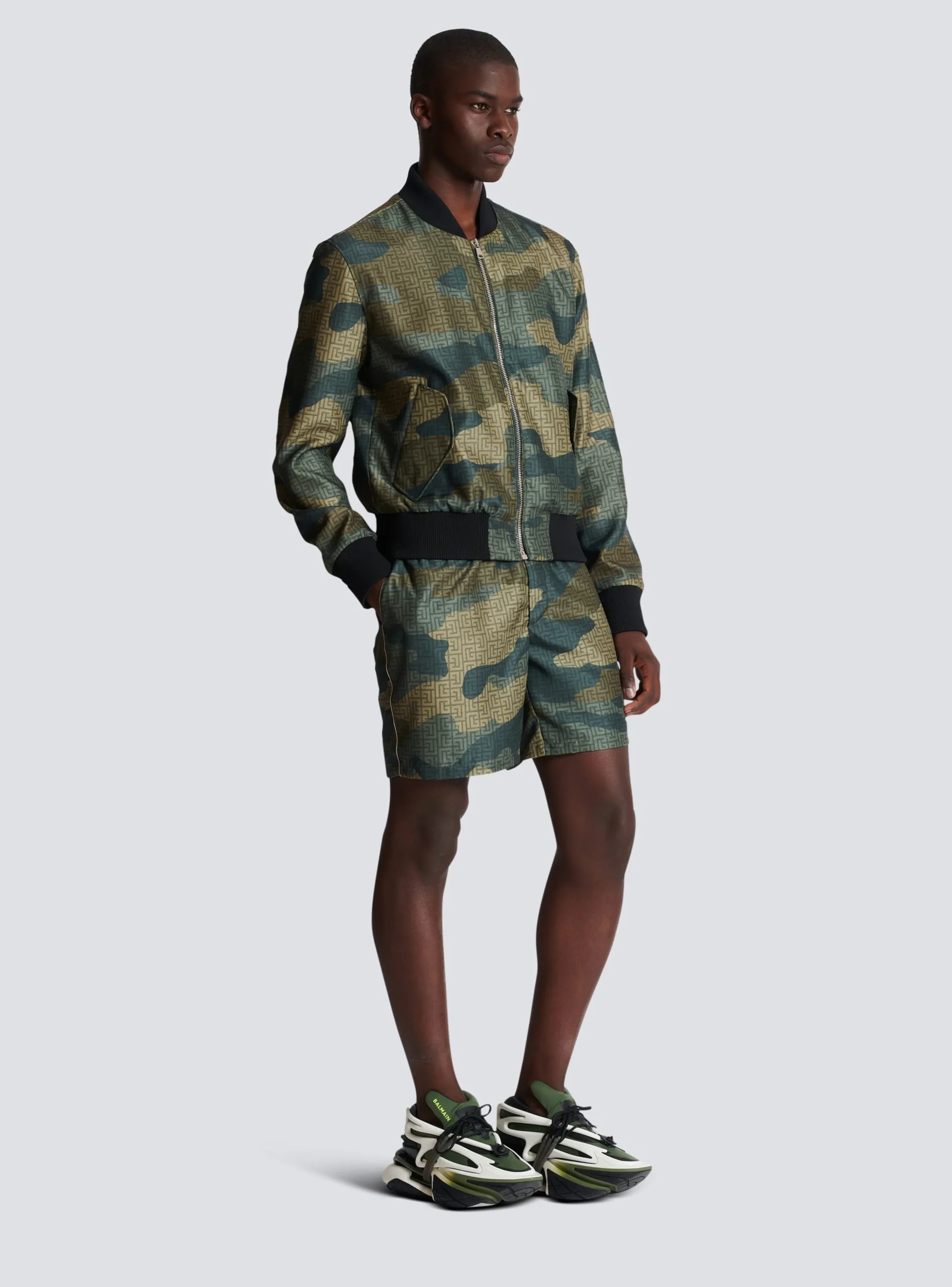 Balmain Camouflage Monogrammed Shantung Bomber Jacket