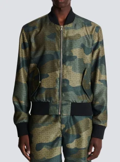 Balmain Camouflage Monogrammed Shantung Bomber Jacket