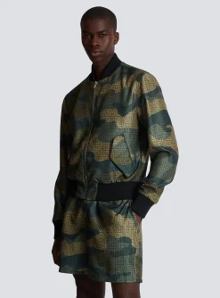 Balmain Camouflage Monogrammed Shantung Bomber Jacket