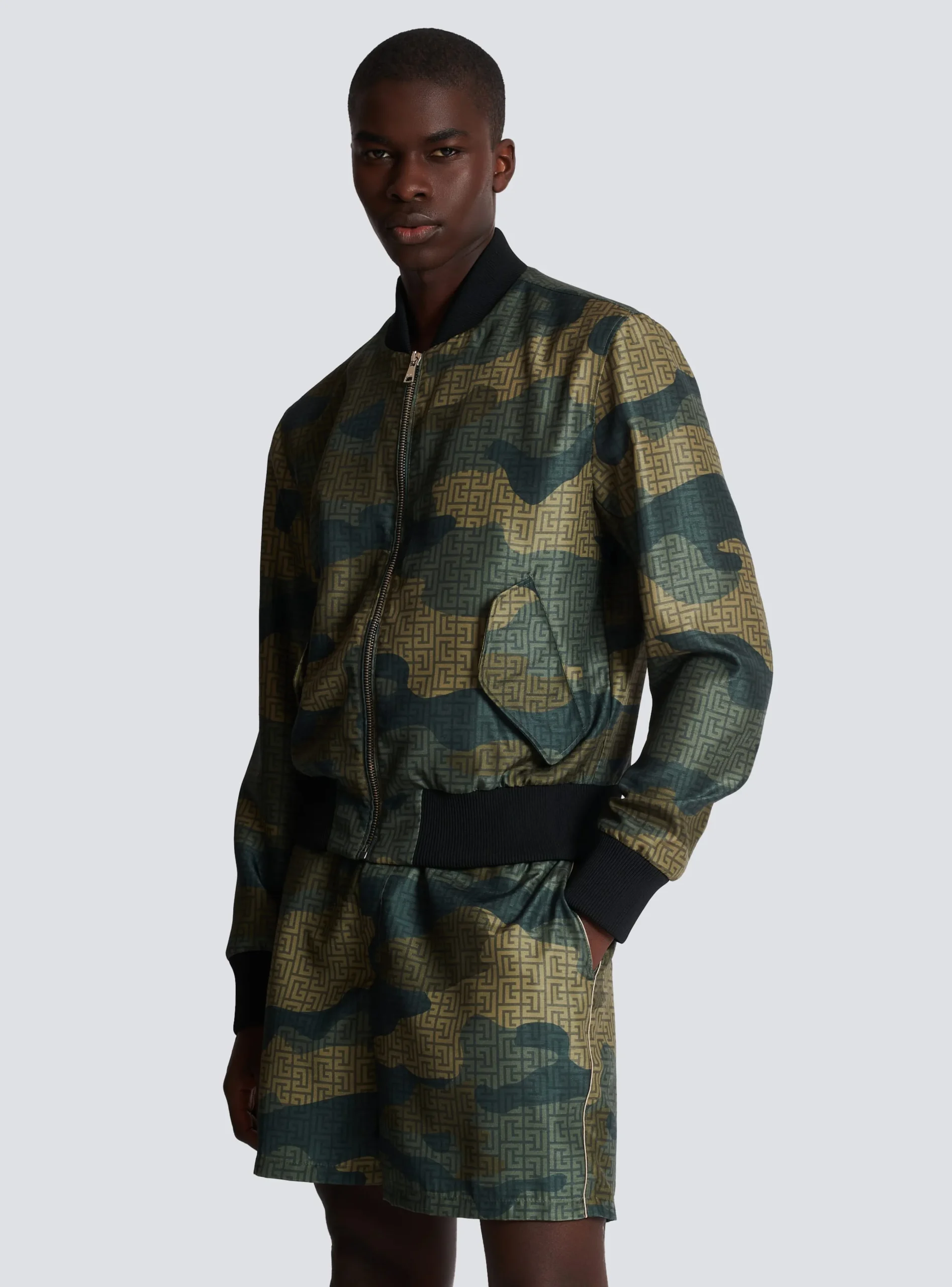 Balmain Camouflage Monogrammed Shantung Bomber Jacket