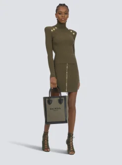 Women Balmain Canvas B-Army 26 Bag With Leather Panels