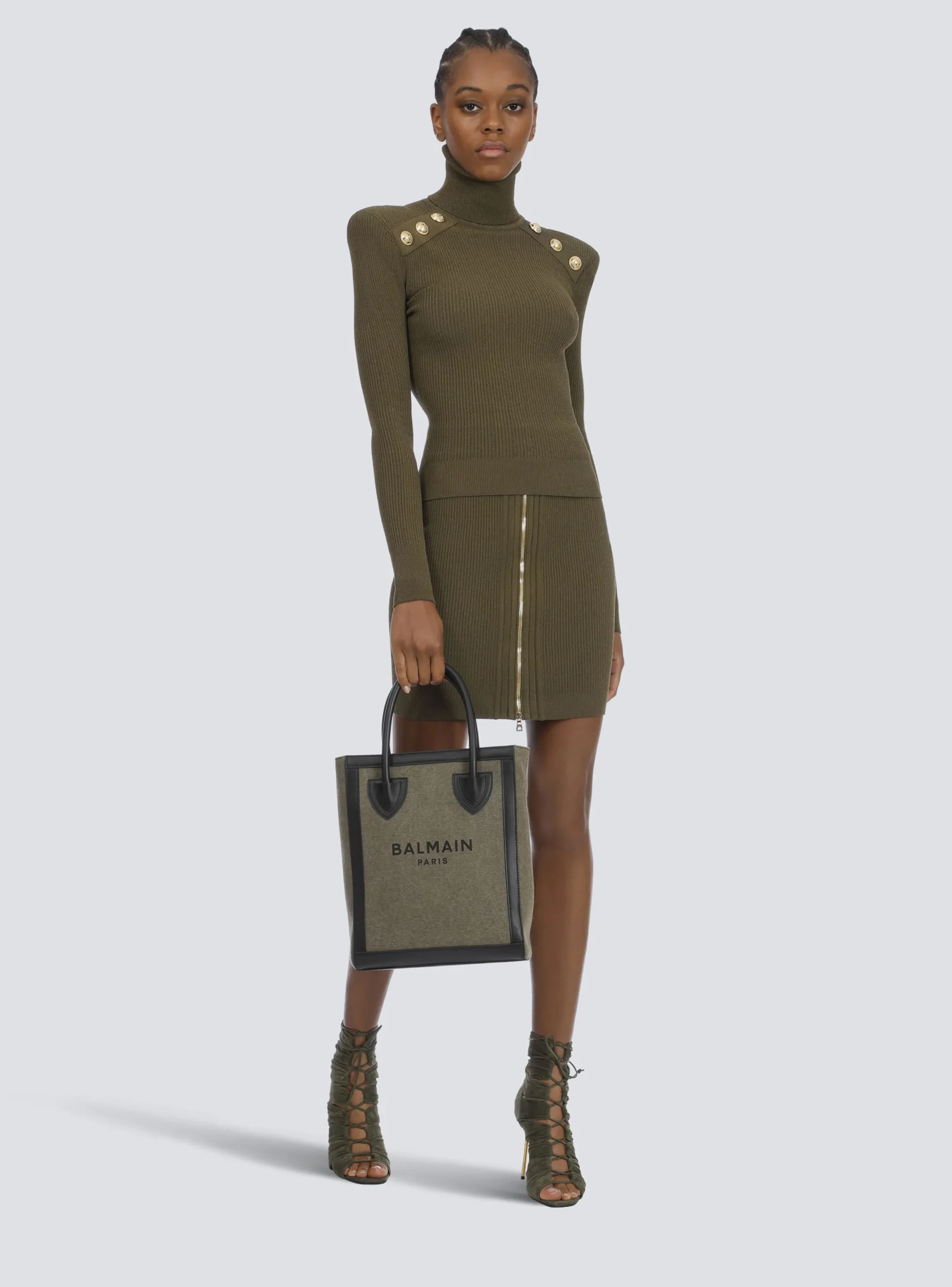 Women Balmain Canvas B-Army 26 Bag With Leather Panels