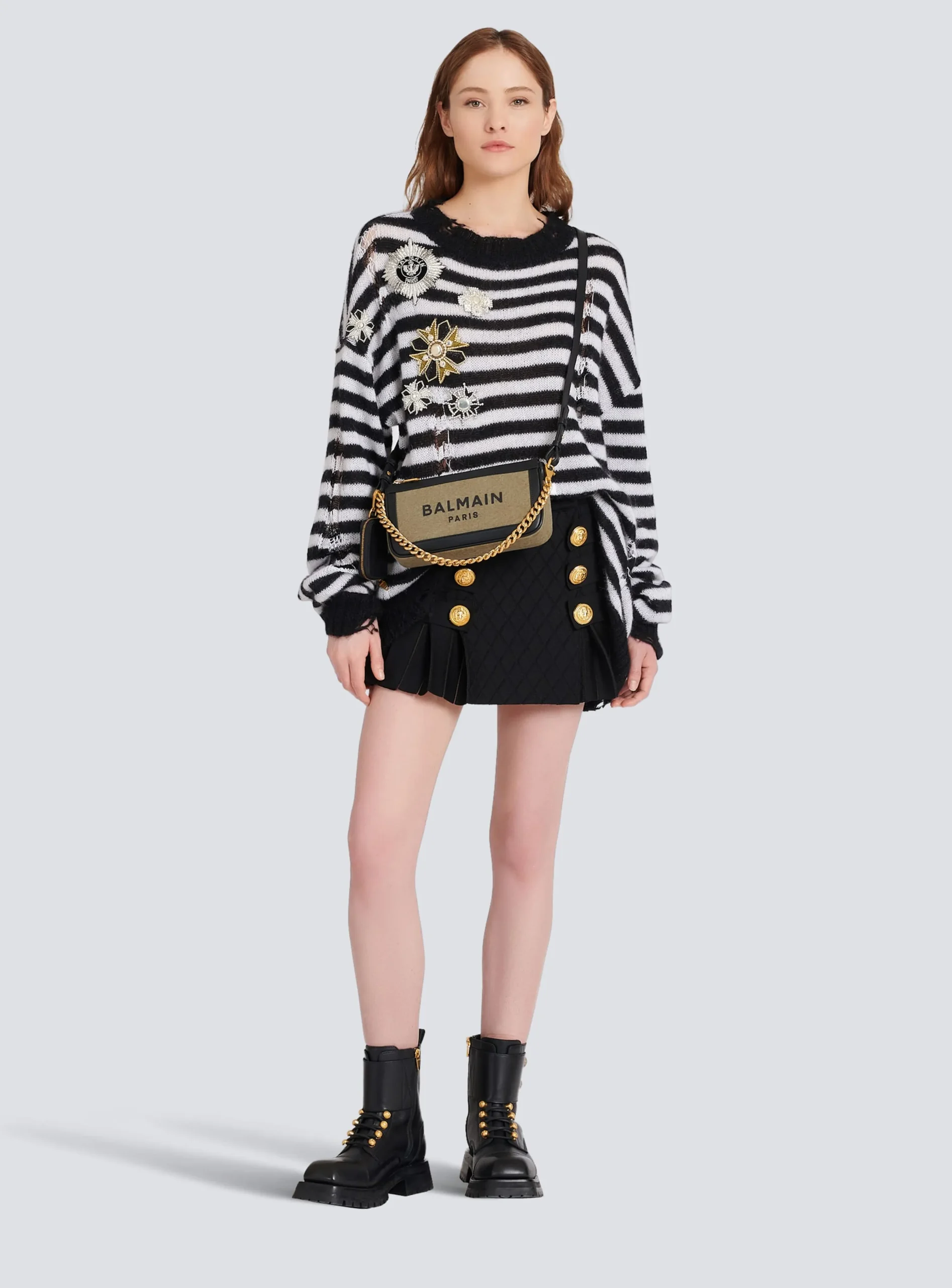 Women Balmain Canvas B-Army Clutch Bag With Leather Panels