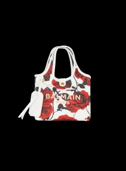 Women Balmain Canvas B-Army Mini Grocery Bag With A Roses Print