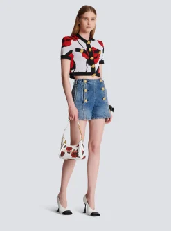 Women Balmain Canvas B-Army Shoulder Bag With A Roses Print
