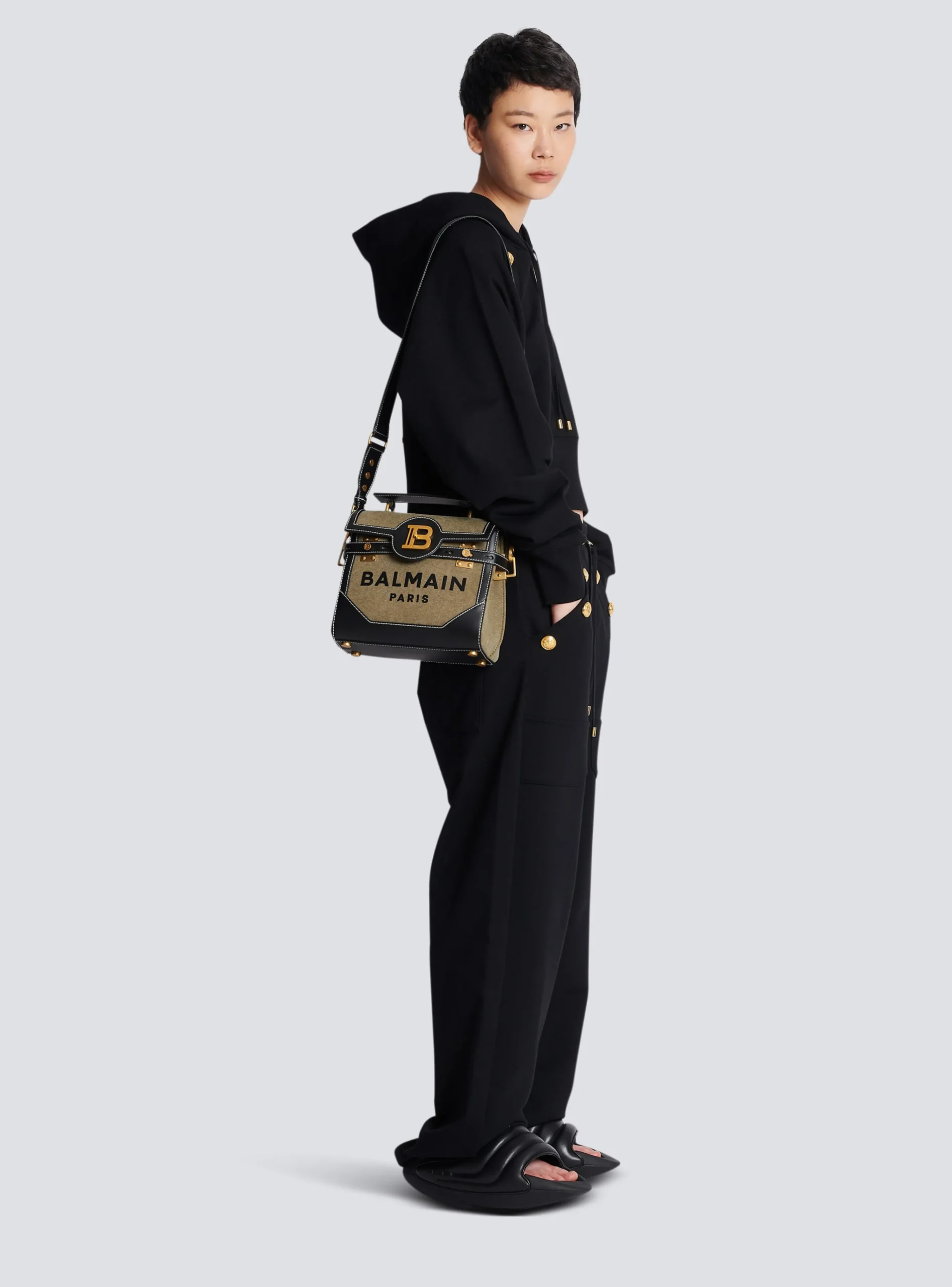 Women Balmain Canvas B-Buzz 23 Bag With Leather Panels