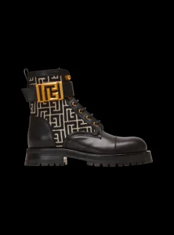Women Balmain Charlie Monogram Jacquard And Leather Ranger Boots