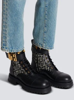 Women Balmain Charlie Monogram Jacquard And Leather Ranger Boots