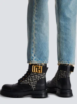 Women Balmain Charlie Monogram Jacquard And Leather Ranger Boots