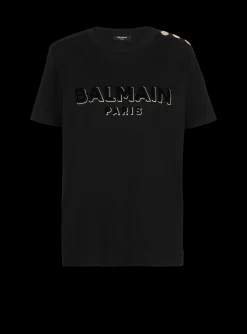 Women Balmain Cotton T-shirt With Flocked Metallic Logo