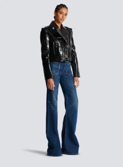 Women Balmain Crocodile-effect Leather Biker Jacket