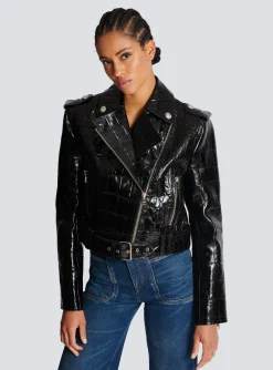 Women Balmain Crocodile-effect Leather Biker Jacket