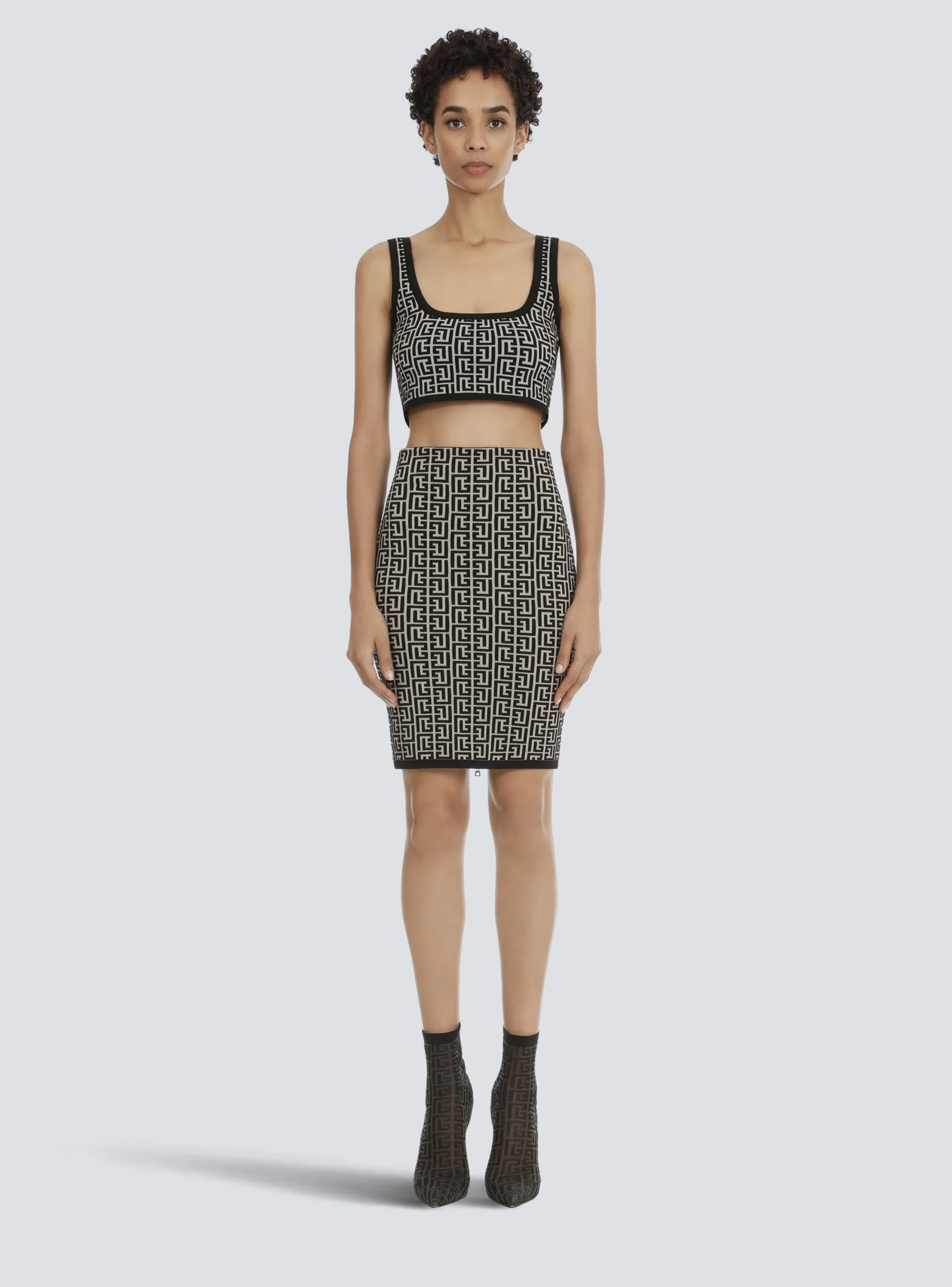 Women Balmain Cropped Bicolor Jacquard Sports Bra Top With Monogram