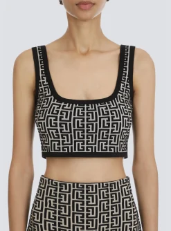 Women Balmain Cropped Bicolor Jacquard Sports Bra Top With Monogram