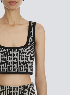 Women Balmain Cropped Bicolor Jacquard Sports Bra Top With Monogram