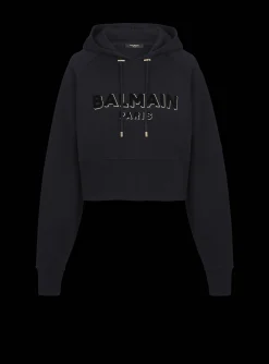 Women Balmain Cropped Cotton Sweatshirt With Flocked Metallic Logo