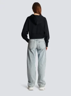 Women Balmain Cropped Cotton Sweatshirt With Flocked Metallic Logo