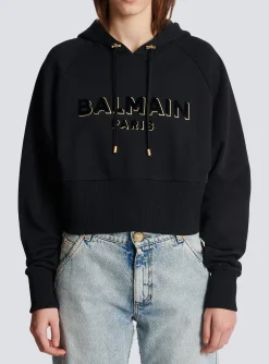 Women Balmain Cropped Cotton Sweatshirt With Flocked Metallic Logo