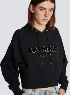 Women Balmain Cropped Cotton Sweatshirt With Flocked Metallic Logo