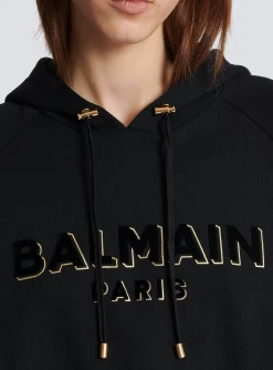 Women Balmain Cropped Cotton Sweatshirt With Flocked Metallic Logo