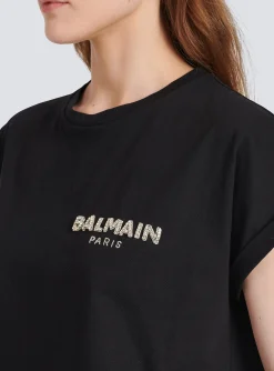 Women Balmain Cropped Cotton T-shirt With Small Embroidered Logo
