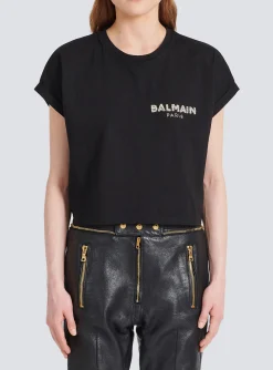 Women Balmain Cropped Cotton T-shirt With Small Embroidered Logo