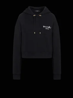 Women Balmain Cropped Eco-design Cotton Sweatshirt With Flocked Graffiti Logo