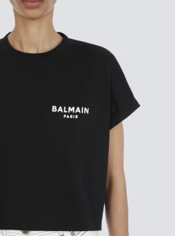 Women Balmain Cropped Eco-designed Cotton T-shirt With Small Flocked Logo