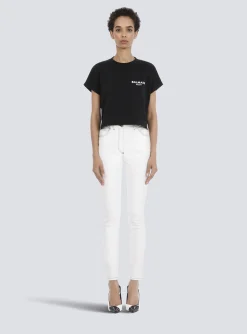 Women Balmain Cropped Eco-designed Cotton T-shirt With Small Flocked Logo