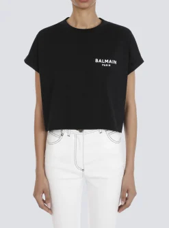 Women Balmain Cropped Eco-designed Cotton T-shirt With Small Flocked Logo