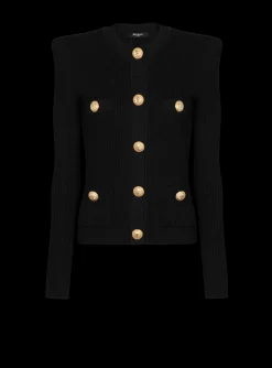 Women Balmain Cropped Eco-designed Knit Cardigan With Gold-tone Buttons
