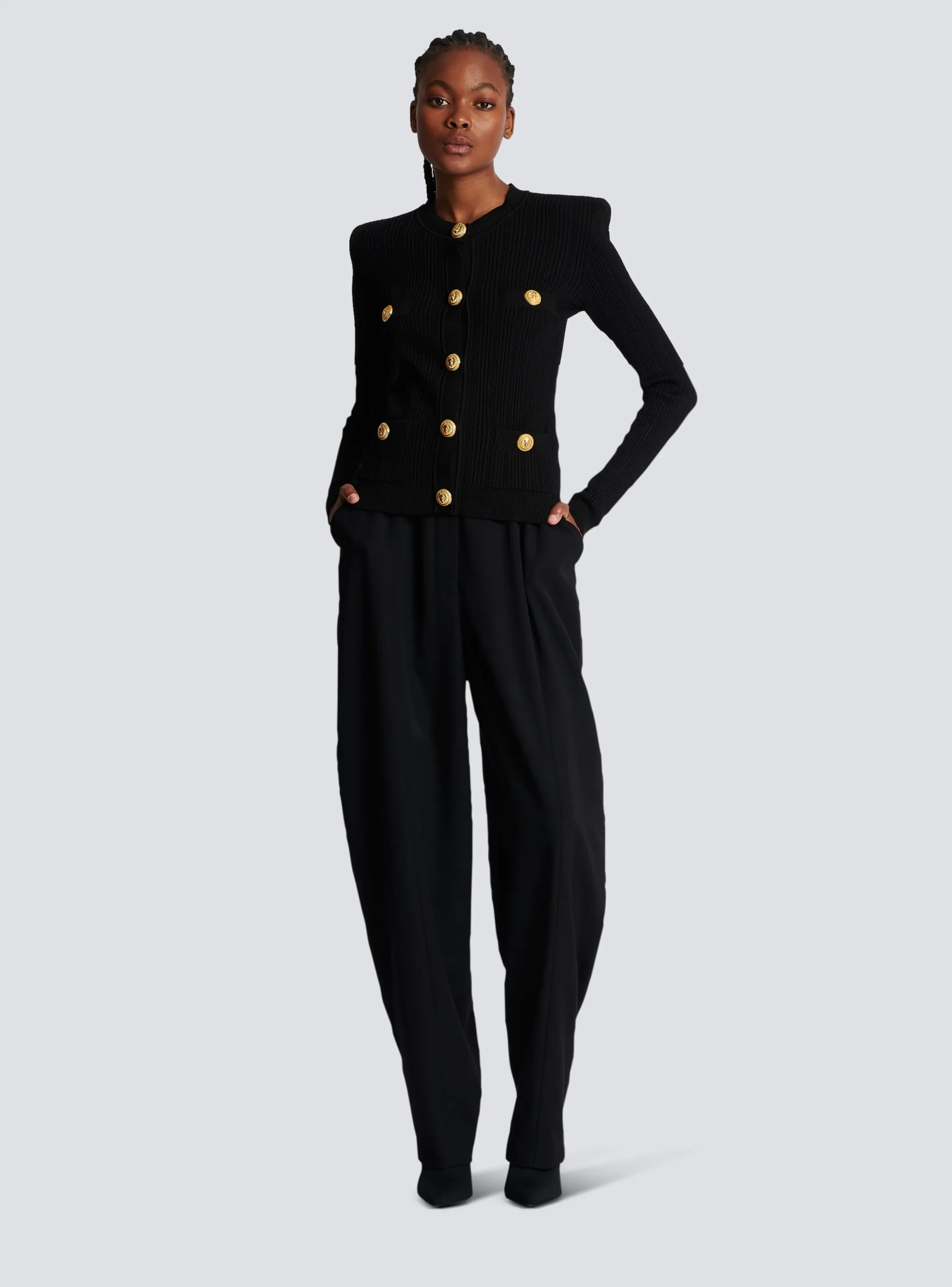 Women Balmain Cropped Eco-designed Knit Cardigan With Gold-tone Buttons