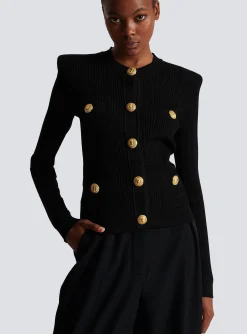 Women Balmain Cropped Eco-designed Knit Cardigan With Gold-tone Buttons