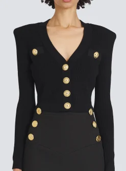 Women Balmain Cropped Eco-designed Knit Cardigan With Gold-tone Buttons