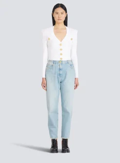 Women Balmain Cropped Eco-designed Knit Cardigan With Gold-tone Buttons