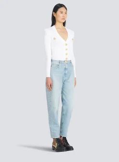 Women Balmain Cropped Eco-designed Knit Cardigan With Gold-tone Buttons