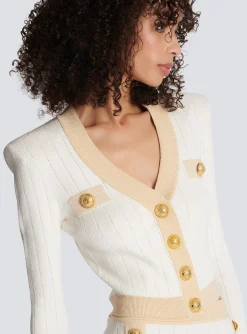 Women Balmain Cropped Knit Cardigan With Gold Trim