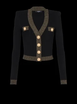 Women Balmain Cropped Knit Cardigan With Gold Trim