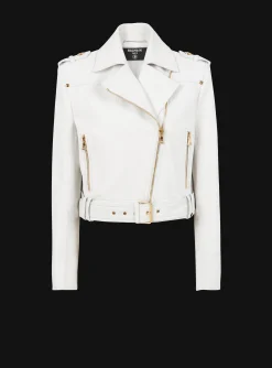 Women Balmain Cropped Leather Biker Jacket