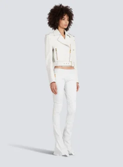 Women Balmain Cropped Leather Biker Jacket