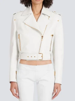 Women Balmain Cropped Leather Biker Jacket