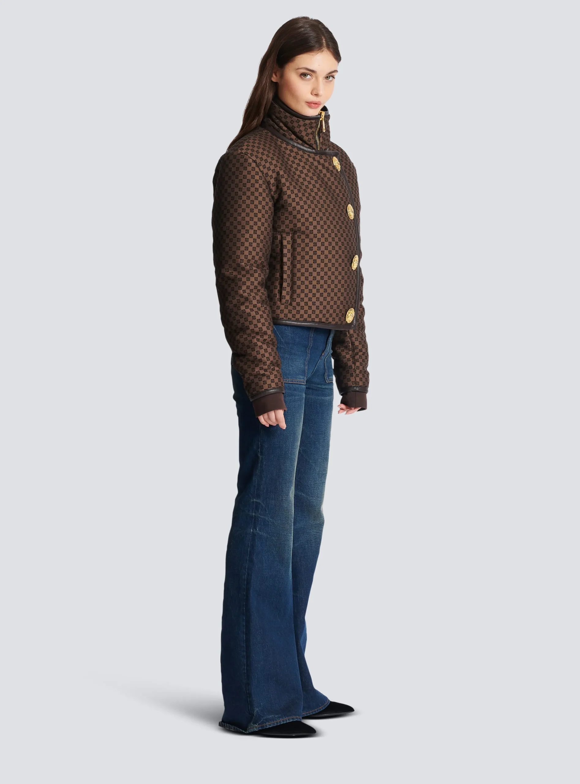 Women Balmain Cropped Mini Monogram Jacket