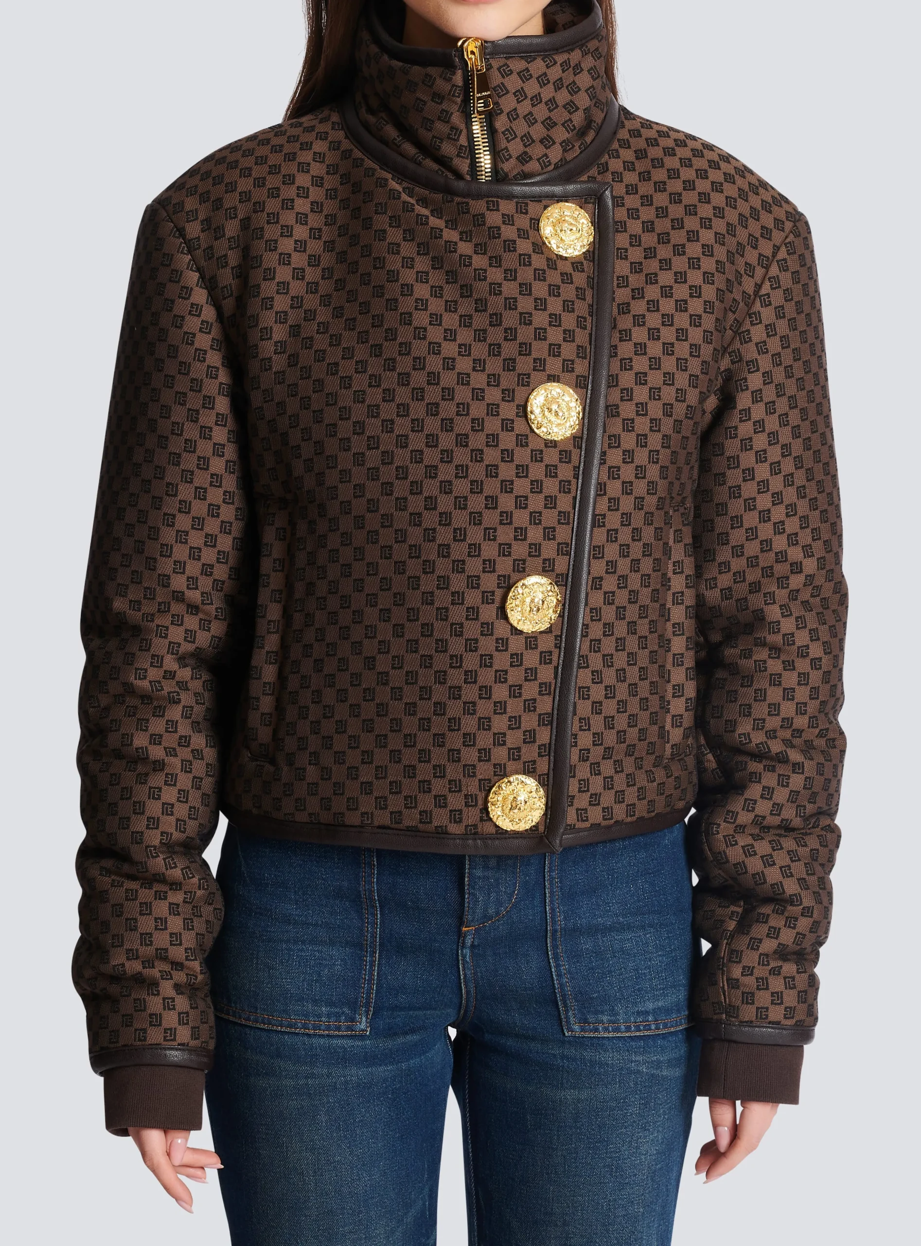 Women Balmain Cropped Mini Monogram Jacket