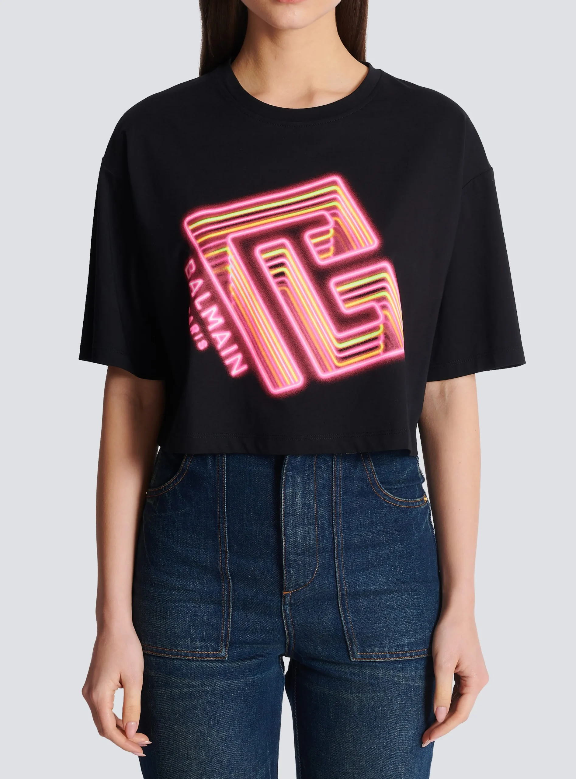 Women Balmain Cropped Neon-print T-shirt