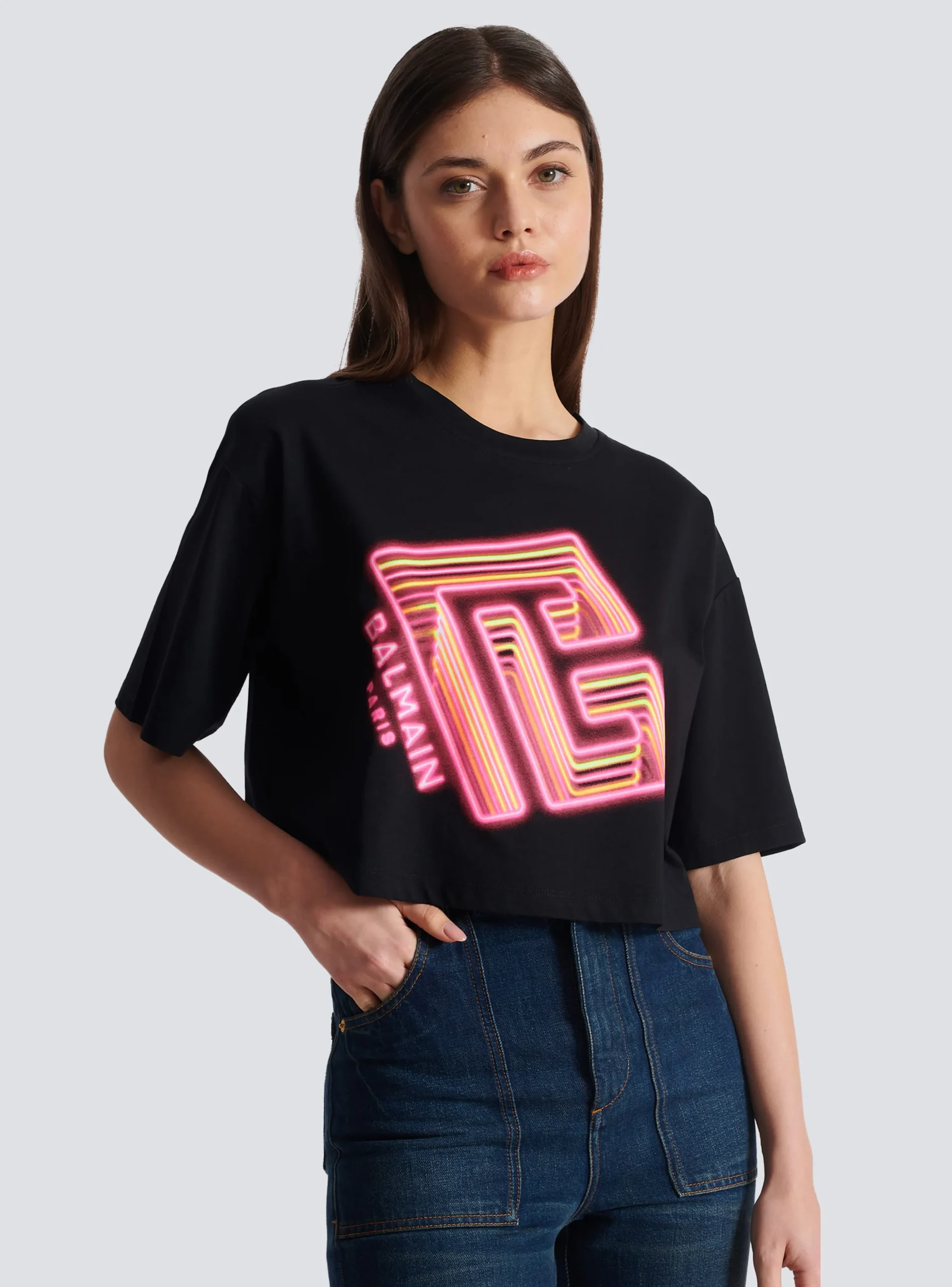 Women Balmain Cropped Neon-print T-shirt